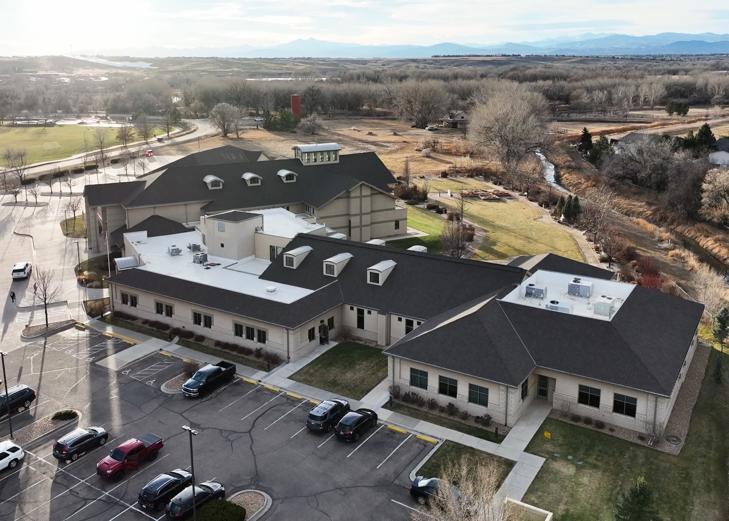 Aerial view of a completed roofing project by Good Knight Roofing
